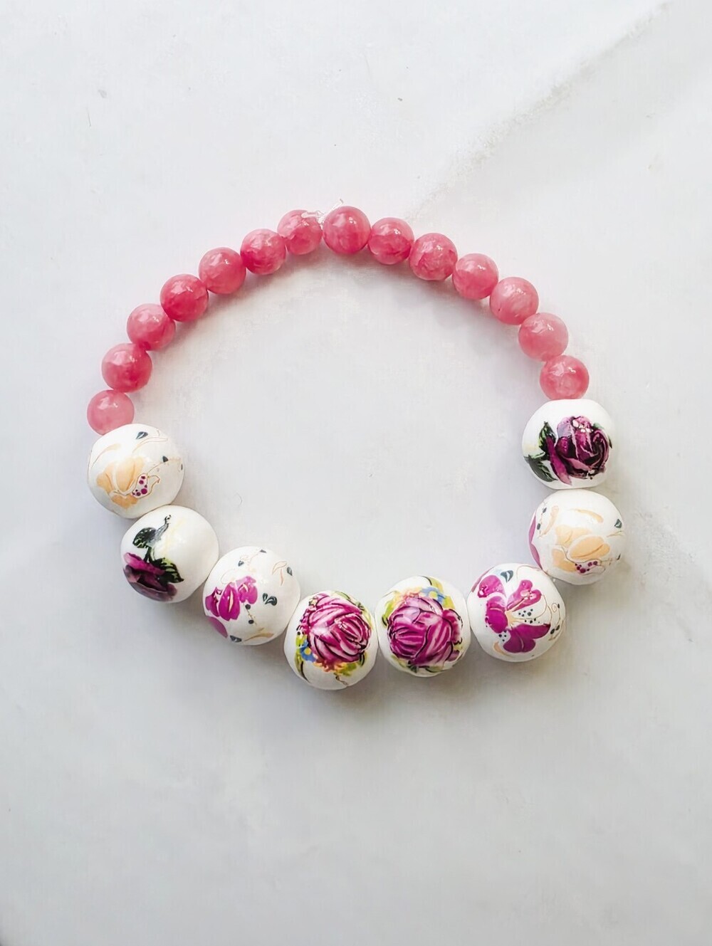 Floral Porcelain & Rose Quartz Beaded Bracelet Pink Shimmer Stretch Fits 7-7.5”